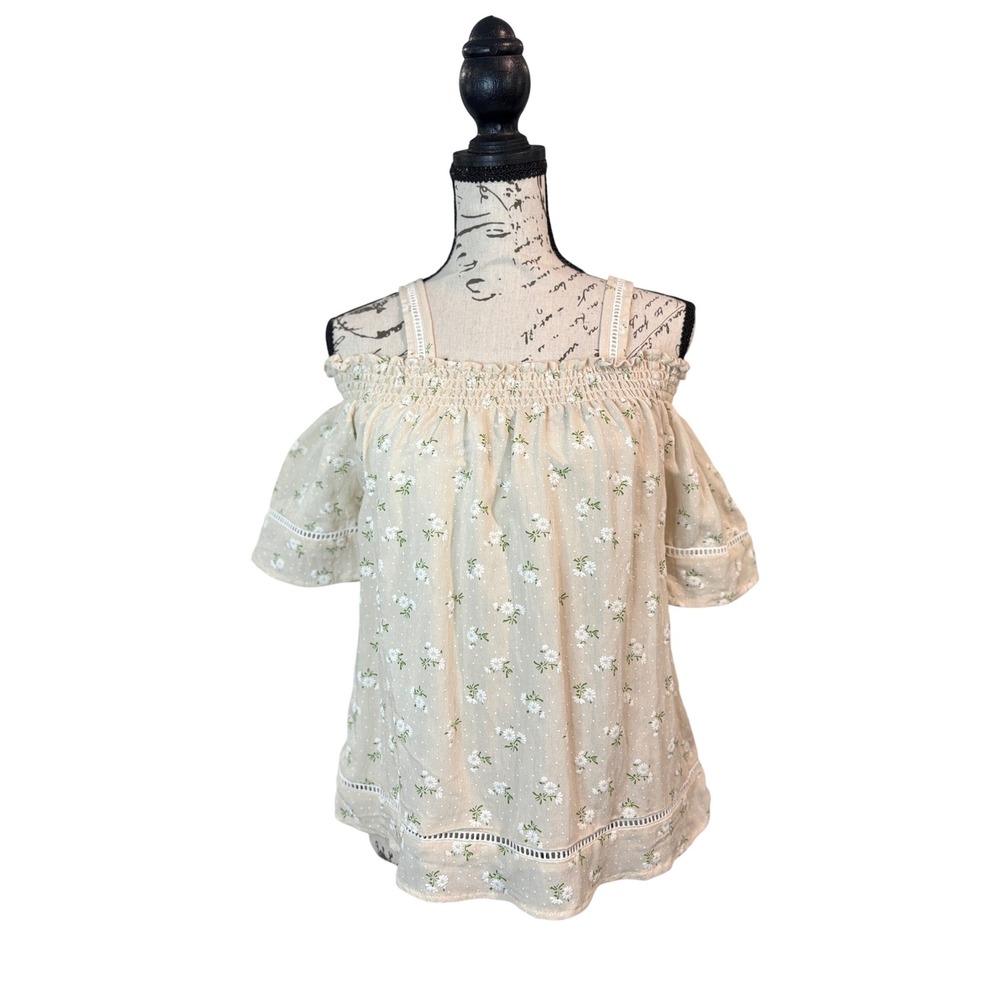 Love Notes Floral Swiss‎ Dot Cold Shoulder Top Beige Medium Lace Trim Boho